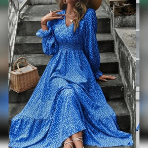 Ditsy Floral Print Flounce Sleeve Ruffle Hem Dress